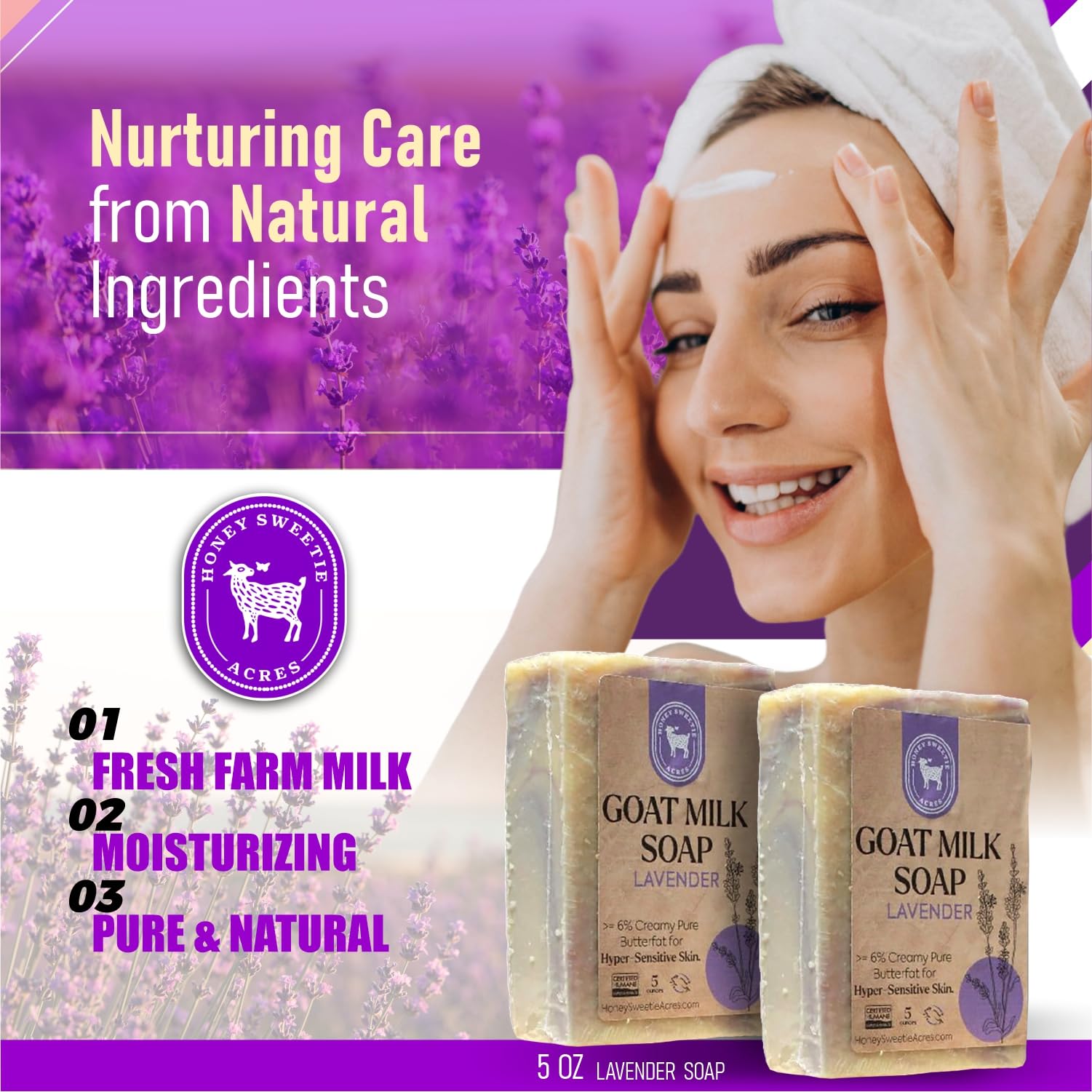 Honey Sweetie Acres 2-Pack Lavender Goat Milk Soap - Handmade 5 oz Bar, Made with Natural Ingredients, Moisturizing & Gentle, Made in the USA